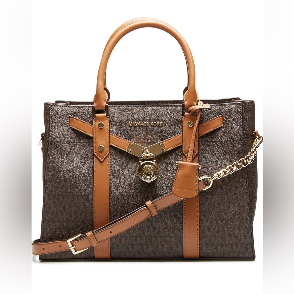 Michael Kors Nouveau Hamilton Large Logo Leather Satchel Brown